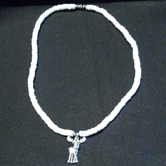 White Puka Shell Beaded Necklace with Silver Moose Charm - Picture 1 of 5